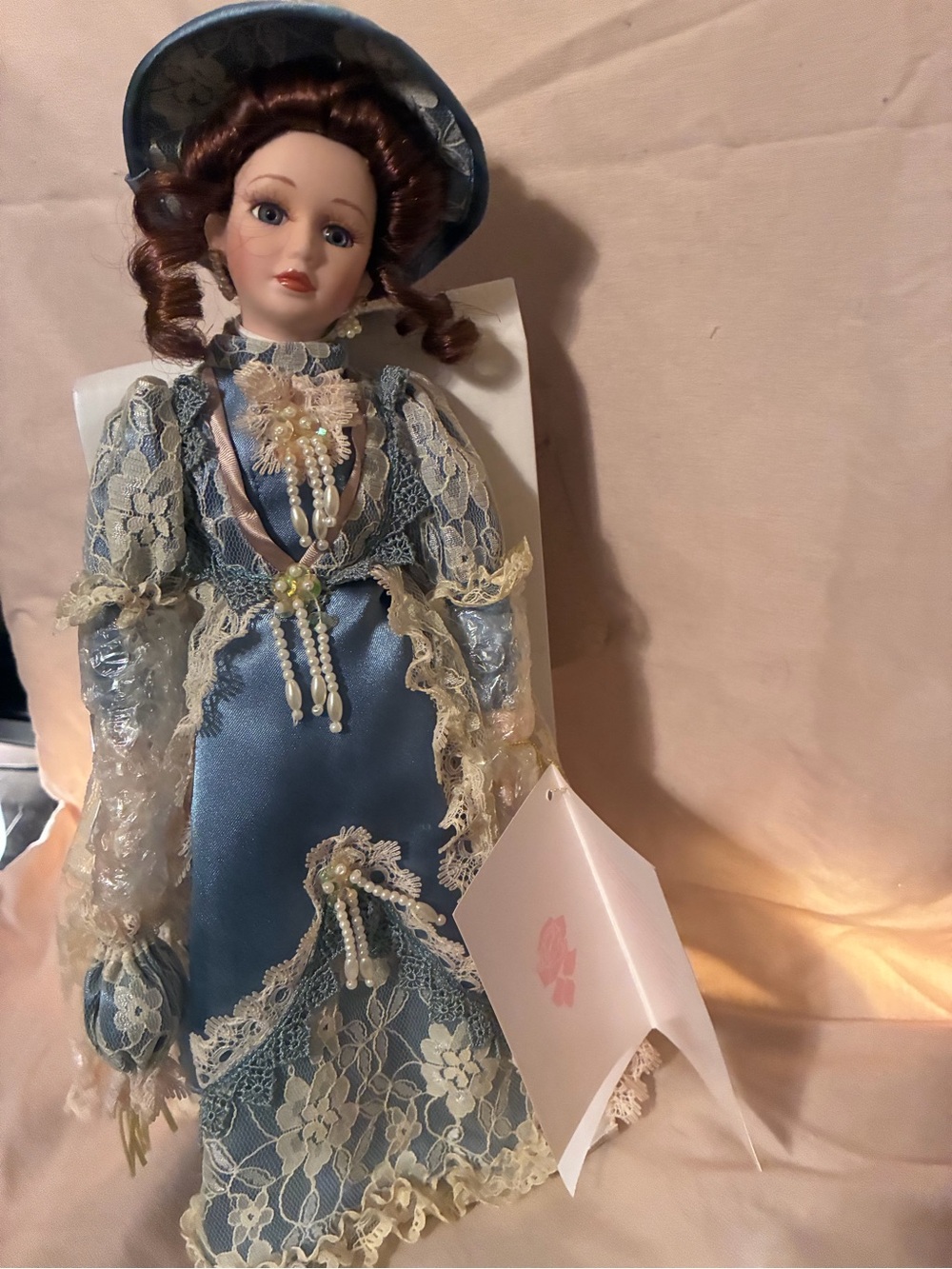 Blue Lace Satin Formal Dress with Pearl Trim Classic collection porcelain doll.